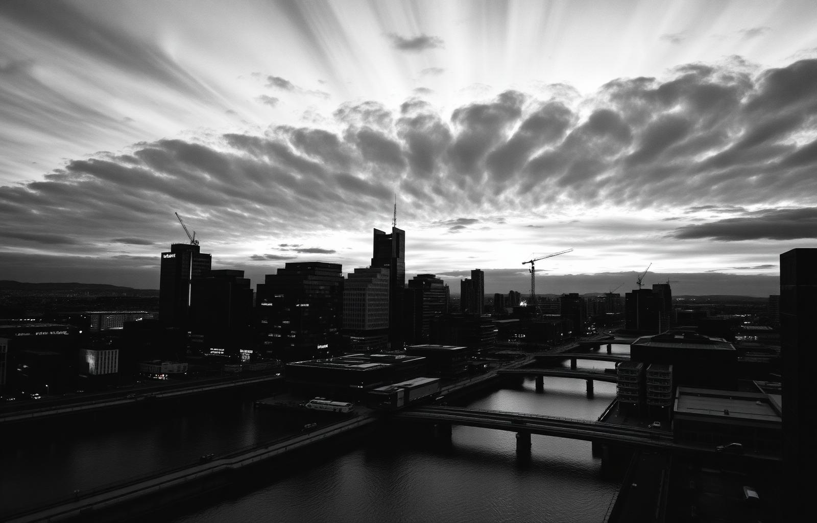 A modern European waterfront tech district at dusk, evocative of Dublin's Silicon Docks.