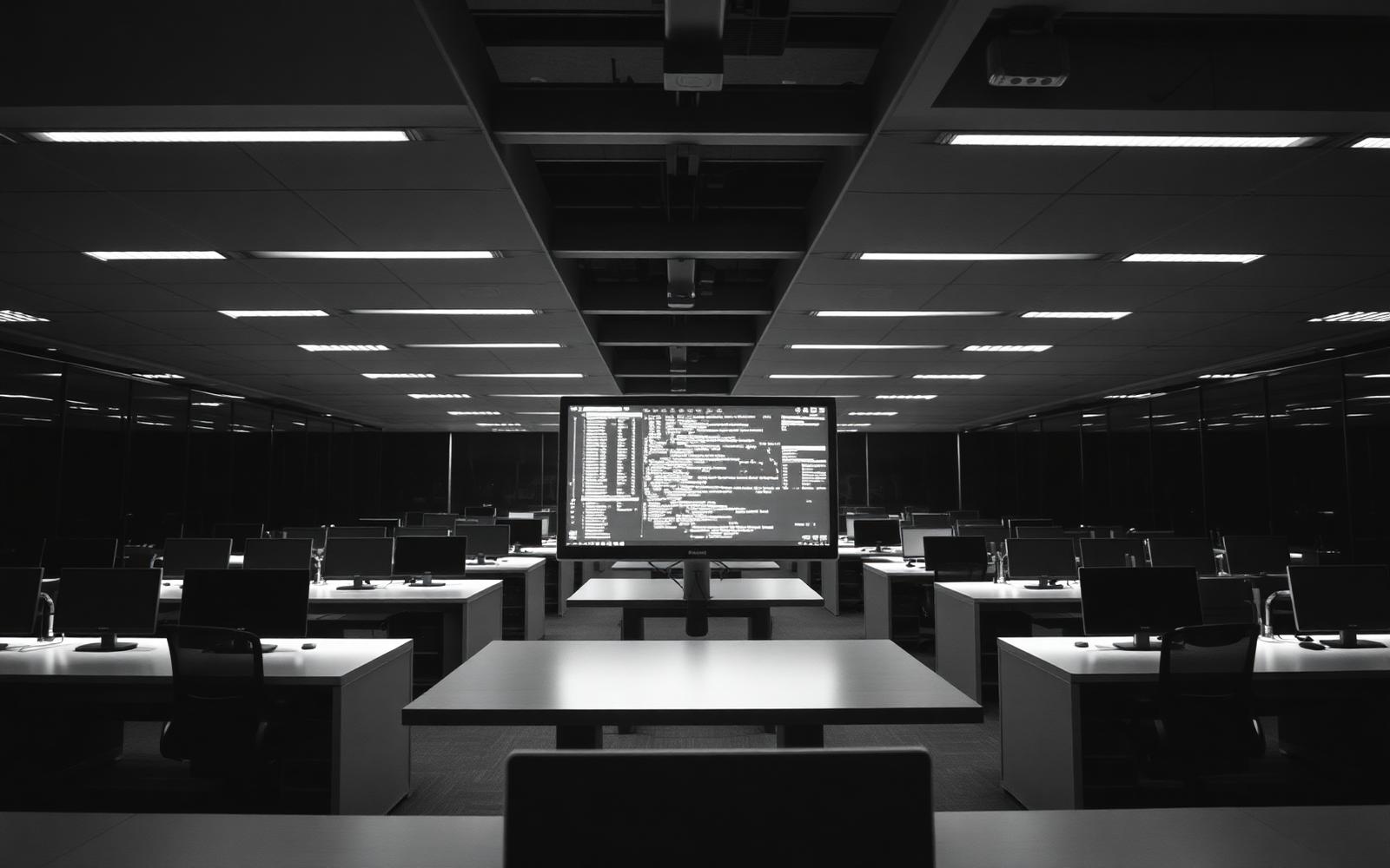 A darkened open-plan office at night, illuminated only by rows of screens.
